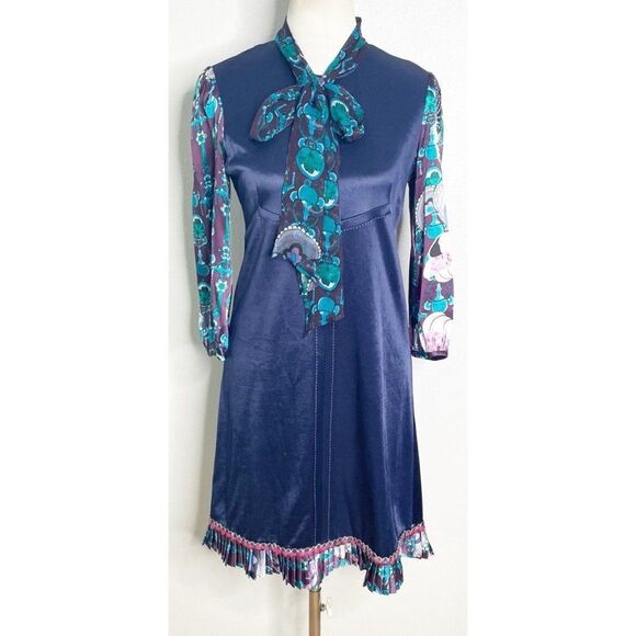 Custo Barcelona Blue Floral Silk  Empire Waist‎ Bow Mod Dress Size 1 Small - Picture 1 of 4